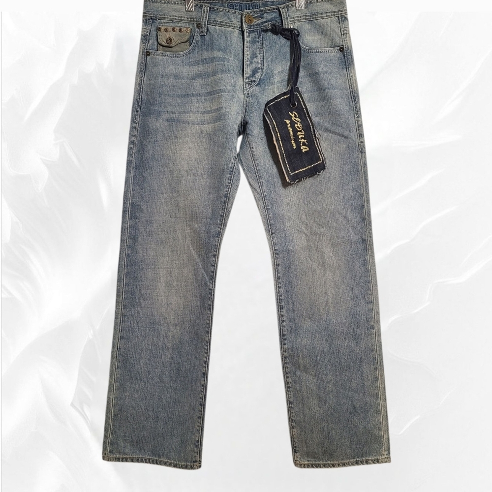 Seduka Men Vintage Blue Denim Pants Leather Accents & Studded Back Pockets Zs 36